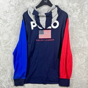 Polo Sport Ralph Lauren Colorblock Sweatshirt Hoodie Shirt Mens Large USA Flag